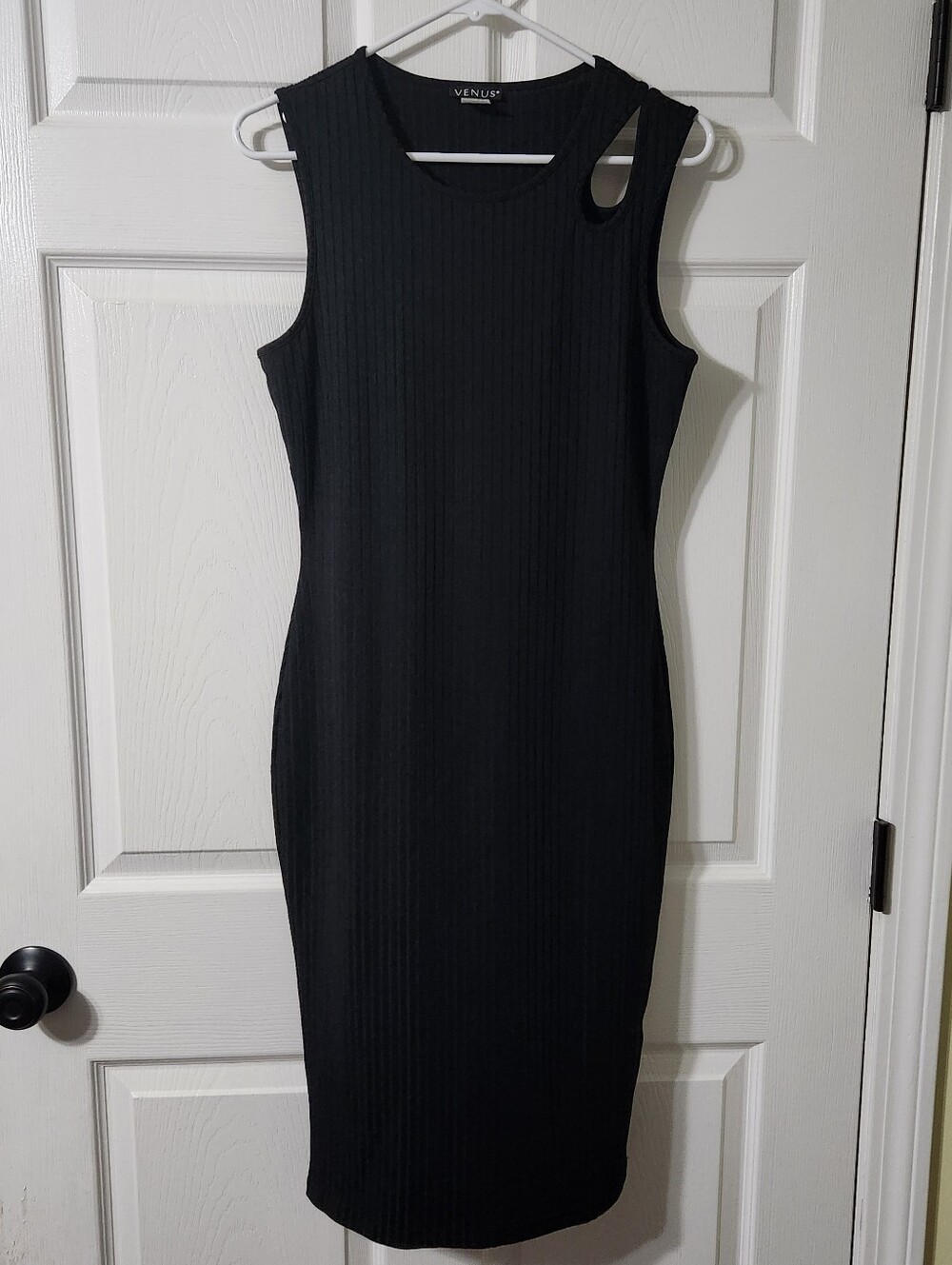 VENUS Black Ribbed Cut Out Shoulder Bodycon Midi Dress, Size M